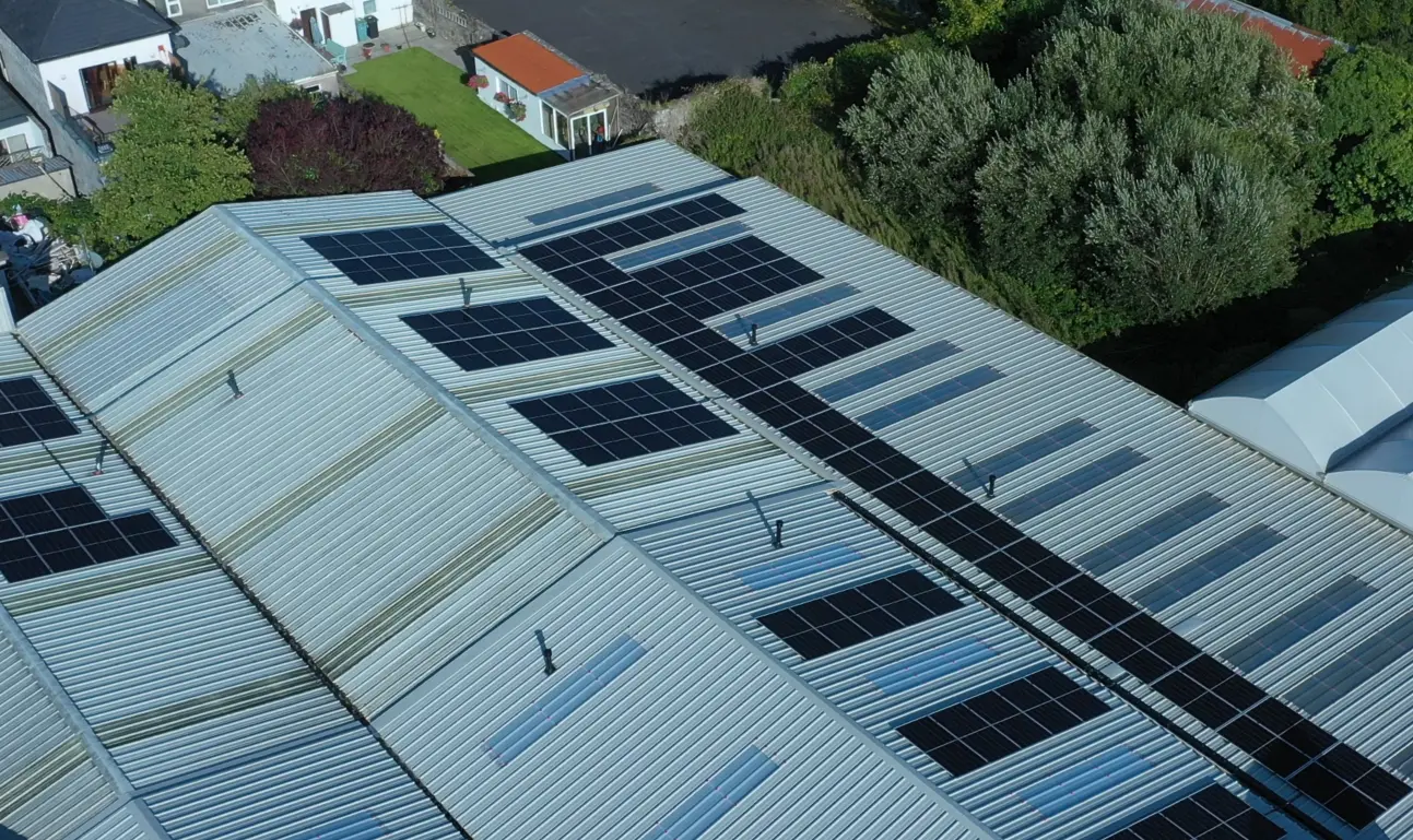 Aerial view of the completed solar PV system at Kean's Homevalue in Claremorris Aerial view of the completed solar PV system at Kean's Homevalue in Claremorris