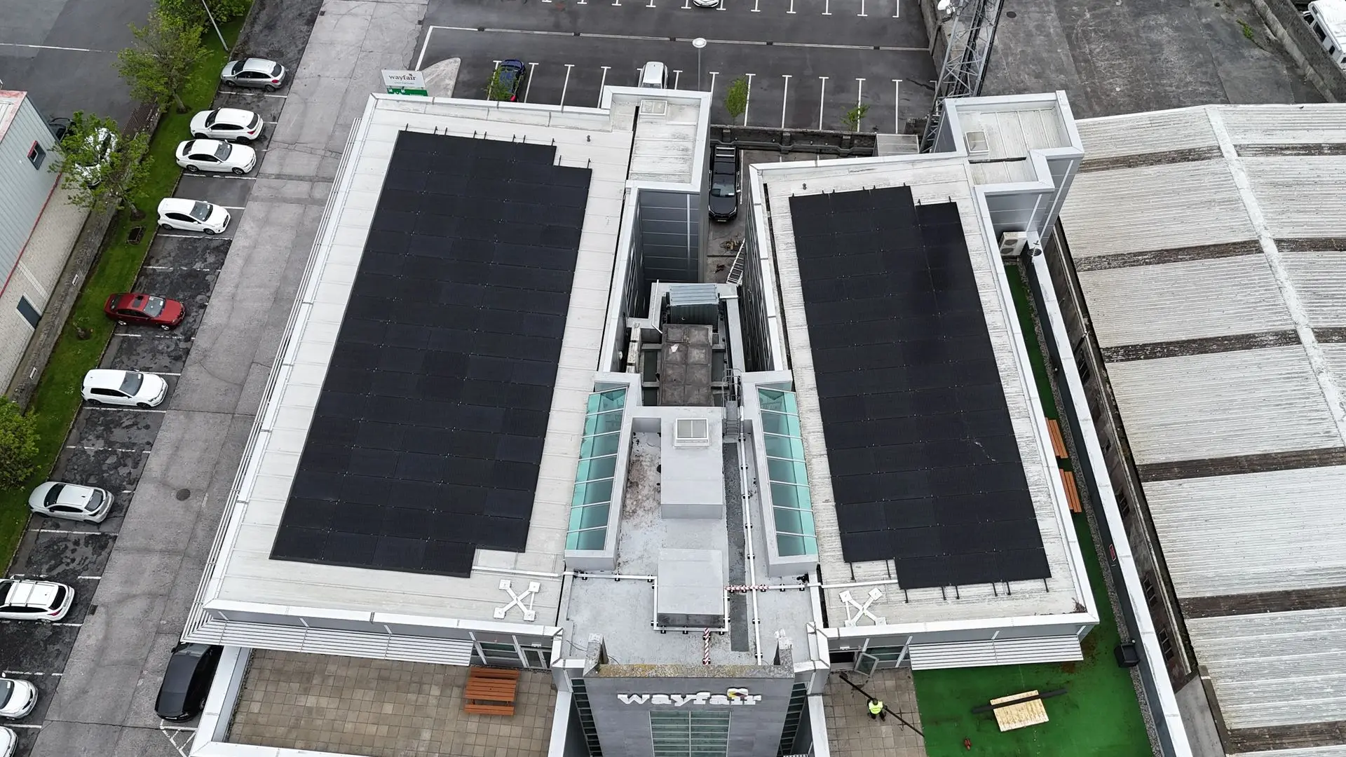 commercial solar panels drone shot of completed project