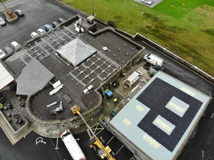 Drone aerial shot of solar panels installation Drone aerial shot of solar panels installation