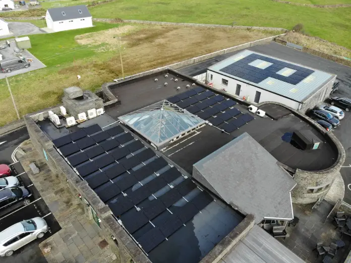 Drone aerial shot of solar panels installation Drone aerial shot of solar panels installation